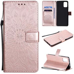 Voor Motorola Moto G9 Plus Geperst Afdrukken Zonnebloempatroon Horizontaal Flip PU Lederen hoesje met Holder &amp; Card Slots &amp; Wallet &amp; Lanyard(Rose Gold)