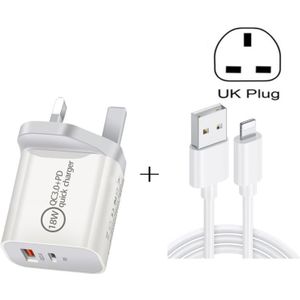 SDC-18W 18W PD 3.0 + QC 3.0 USB Dual Fast Charging Universal Travel Charger met Micro USB tot 8 Pin Fast Charging Data Cable  UK Plug