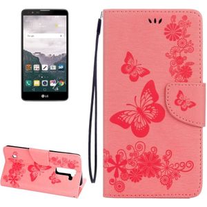 LG Stylus 2 horizontaal 3D Vlinders patroon PU leren Flip Hoesje met draagriem  houder en opbergruimte voor pinpassen &amp; geld (roze)