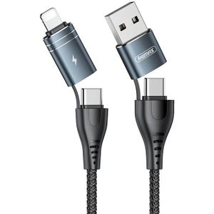 REMAX RC-164 4 in 1 USB + USB-C / Type-C tot 8 Pin + USB-C / Type-C Fast Charging Data Cable  Kabellengte: 1m (Zwart)