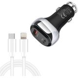 YSY-312PD QC3.0 18W USB + PD 20W USB-C / Type-C Autolader met Type-C tot 8-pins datakabel (zwart)