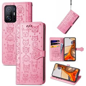 Voor Xiaomi MI 11T / 11T PRO CAT EN HOND Reliëf Horizontale Flip Telefoon Lederen Case met Houder &amp; Card Slot &amp; Portemonnee &amp; Lanyard (Pink)