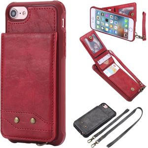Voor iPhone 8 / 7 Vertical Flip Shockproof Leather Protective Case met Long Rope  Support Card Slots &amp; Bracket &amp; Photo Holder &amp; Wallet Function(Red)