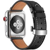 Echt leer + vlinder zilveren gesp vervangende horlogebanden voor Apple Watch Series 6 &amp; se  5 &amp; 4 44mm / 3 &amp; 2 &amp; 1 42mm (zwart)