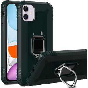 Voor iPhone 12 5 4 inch carbon fiber beschermhoes met 360 graden roterende ringhouder(groen)