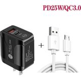 PD25W USB-C / TYPE-C + QC3.0 DUBELE PORTS Snelle oplader met USB naar Micro USB-gegevenskabel  US Plug (White)