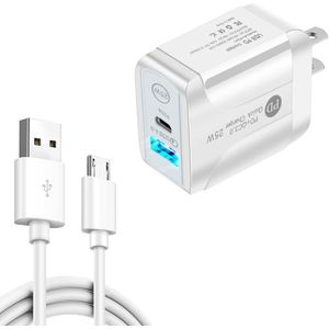 PD25W USB-C / TYPE-C + QC3.0 DUBELE PORTS Snelle oplader met USB naar Micro USB-gegevenskabel  US Plug (White)