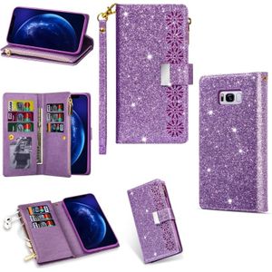 Voor Samsung Galaxy S8+ Multi-card Slots Starry Sky Laser Carving Glitter Zipper Horizontale Flip Lederen Case met Holder &amp; Wallet &amp; Lanyard(Paars)