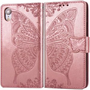 Butterfly Love bloemen reliëf horizontale Flip lederen case voor iPhone XR  met houder &amp; kaartsleuven &amp; portemonnee &amp; Lanyard (Rose goud)