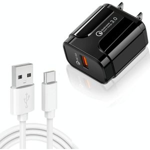 LZ-023 18W QC3.0 USB Portable Travel Charger + 3A USB naar Type-C-datakabel  Amerikaanse stekker(zwart)