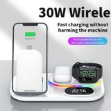 A06 3 in 1 Wireless Charger Fast Charging RGB Atmosphere Light with Clock For Smart Phone &amp; iWatch &amp; AirPods(White)