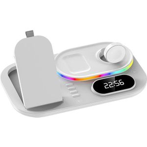 A06 3 in 1 Wireless Charger Fast Charging RGB Atmosphere Light with Clock For Smart Phone &amp; iWatch &amp; AirPods(White)