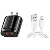 Dubbele USB draagbare reislader + 1 meter USB naar Type-C datakabel  US Plug (zwart)