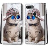 Voor Huawei Honor 9 Lite Coloured Drawing Cross Texture Horizontale Flip PU Lederen kast met Holder &amp; Card Slots &amp; Wallet &amp; Lanyard(B20 Slant Hat Blue Mirror Cat)