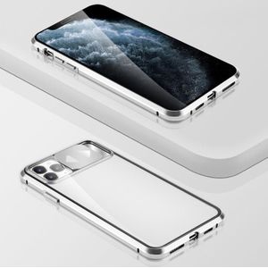 Glijdende lens cover spiegel ontwerp vier-hoek schokbestendige magnetische metalen frame dubbelzijdige geharde glazen behuizing voor iPhone 12 Pro Max (zilver)