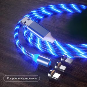 3 in 1 USB naar 8 Pin + Type-C / USB-C + Micro USB Magnetic Absorption Kleurrijke Streamer Oplaadkabel  lengte: 1m (Blauw licht)