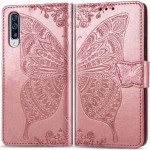 Butterfly Love bloemen reliëf horizontale Flip lederen case voor Galaxy A70  met houder &amp; kaartsleuven &amp; portemonnee &amp; Lanyard (Rose goud)
