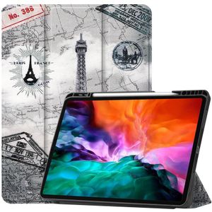 Gekleurde tekening horizontale flip TPU + PU lederen behuizing met drie-opvouwbare houder / slaap / wake-up functie &amp; pen sleuf voor iPad Pro 12.9 (2021) (Eiffeltoren)