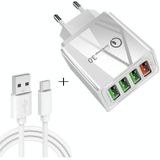 2 in 1 USB naar USB-C / Type-C datakabel + 30W QC 3.0 4 USB Interfaces Mobile Phone Tablet PC Universal Quick Charger Travel Charger Set  EU Plug(White)