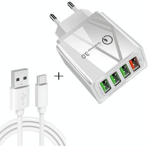 2 in 1 USB naar USB-C / Type-C datakabel + 30W QC 3.0 4 USB Interfaces Mobile Phone Tablet PC Universal Quick Charger Travel Charger Set  EU Plug(White)