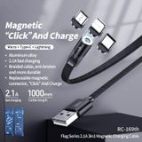 Remax RC-169th Flag Series 2.1A 3 In 1 8 Pin + Type-C / USB-C + Micro Magnetic Weave Charging Cable  Lengte: 1m (Wit)