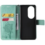 For Huawei P50 Pro Tree &amp; Cat Pattern Pressed Printing Horizontal Flip PU Leather Case with Holder &amp; Card Slots &amp; Wallet &amp; Lanyard(Green)