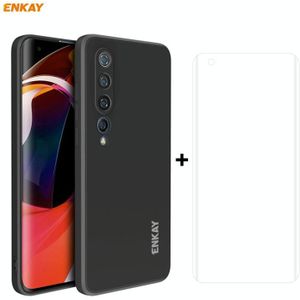 Voor Xiaomi Mi 10 5G Hat-Prince ENKAY ENK-PC0752 Liquid SiliconEn Straight Edge Schokbestendige beschermhoes + 3D Full Screen PET Gebogen Hot Bending HD Screen Protector Soft Film(Zwart)