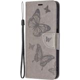 Voor Samsung Galaxy A13 5G Embossing Two Butterflies Pattern Lederen Telefoonhoesje Met Houder &amp; Card Slot &amp; Wallet &amp; Lanyard (Gray)