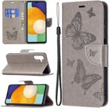 Voor Samsung Galaxy A13 5G Embossing Two Butterflies Pattern Lederen Telefoonhoesje Met Houder &amp; Card Slot &amp; Wallet &amp; Lanyard (Gray)
