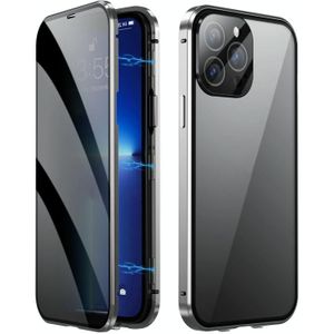 Voor iPhone 14 Pro Max Dual-Lock Anti-gluren Glas 360 Full Body Frosted Magnetische Telefoon Case (Zilver)