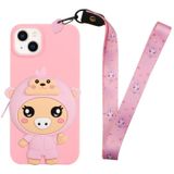 Voor iPhone 14 Plus siliconen portemonnee telefoonhoesje met lanyard (dieproze varken)