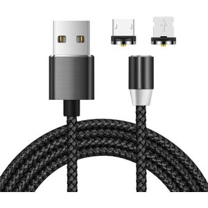 2 in 1 USB naar 8 Pin + Micro USB Magnetic Metal Interface Nylon Vlecht oplaadkabel  lengte: 1m (Zwart)