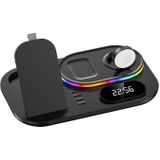 A06 3 in 1 Wireless Charger Fast Charging RGB Atmosphere Light with Clock For Smart Phone &amp; iWatch &amp; AirPods(Black)