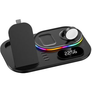 A06 3 in 1 Wireless Charger Fast Charging RGB Atmosphere Light with Clock For Smart Phone &amp; iWatch &amp; AirPods(Black)