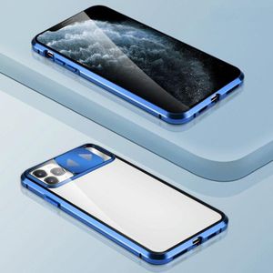 Sliding Lens Cover Mirror Design Schokbestendige magnetische metalen frame dubbelzijdige tempered glass case voor iPhone 12 Pro Max(Blauw)