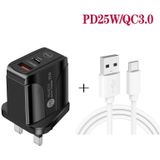 PD25W USB-C / Type-C + QC3.0 USB Dual Ports Snellader met USB naar Type-C Data kabel  UK Plug (Wit)