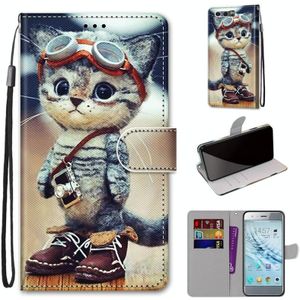 Voor Huawei Honor 9 Gekleurde tekening kruistextuur Horizontale Flip PU Lederen kast met houder &amp; kaartslots &amp; portemonnee &amp; lanyard(leren schoenen kat)