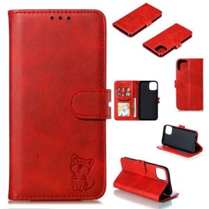 Voor iPhone 12 Pro Max In reliëf Happy Cat Patroon Horizontaal Flip Lederen Hoesje met Holder &amp; Card Slots &amp; Wallet &amp; Photo Frame(Rood)