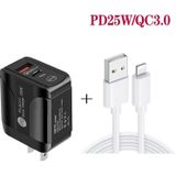 PD25W USB-C / TYPE-C + QC3.0 USB DUBLE PORTS Snelle oplader met USB tot 8 PIN-gegevenskabel  US Plug