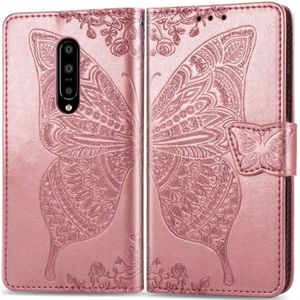 Butterfly Love bloemen reliëf horizontale Flip lederen case voor OnePlus 7 Pro  met houder &amp; kaartsleuven &amp; portemonnee &amp; Lanyard (Rose goud)