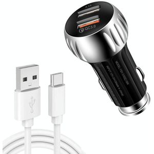 YSY-310QC18W QC3.0 USB-autolader met twee poorten + 3A USB naar USB-C / Type-C-datakabel  kabellengte: 1m (zwart)