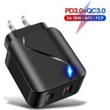 LZ-819A+C QC3.0 USB + PD 18W USB-C / Type-C Interfaces Travel Charger with Indicator Light  US Plug(Black)