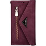Voor Samsung Galaxy S10e Skin Feel Zipper Horizontale Flip Lederen case met Holder &amp; Card Slots &amp; Photo Frame &amp; Lanyard &amp; Long Rope(Wine Red)