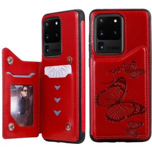 Voor Galaxy S20 Ultra Butterfly Embossing Pattern Shockproof Protective Case met Houder &amp; Card Slots &amp; Photo Frame(Red)