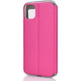 Voor iPhone 11 Pro matte textuur horizontale Flip beugel mobiele telefoon holster venster met beller-ID en metalen knop schuif om te ontgrendelen (magenta)