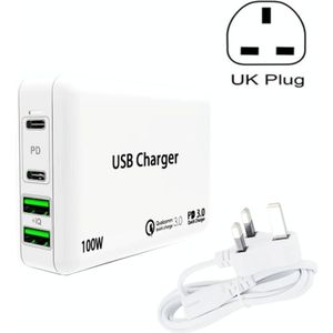 PD 100W Dual USB-C / Type-C + Dual USB 4-poorts lader met stroomkabel voor Apple / Huawei / Samsung Laptop UK Plug