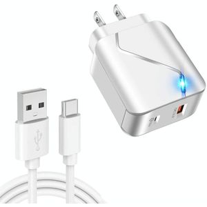 LZ-819A+C 18W QC3.0 USB + PD USB-C / Type-C Interface Travel Charger met Indicator Light + USB naar USB-C / Type-C Snelladen Data Cable Set  US Plug(White)