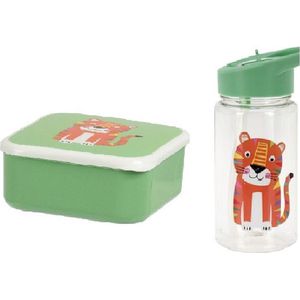 Happy Set Lunch Tijger broodtrommel + drinkfles groen - Brooddoos - Lunch box - Drinkbus