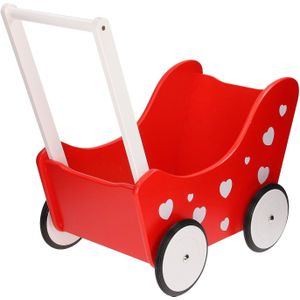 Playwood - Houten Poppenwagen Rood met Witte Hartjes