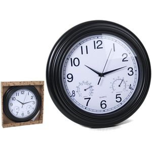 Gerimport Wandklok 33 x 4,5 Cm brede zwarte rand incl. vochtigheid en thermometer